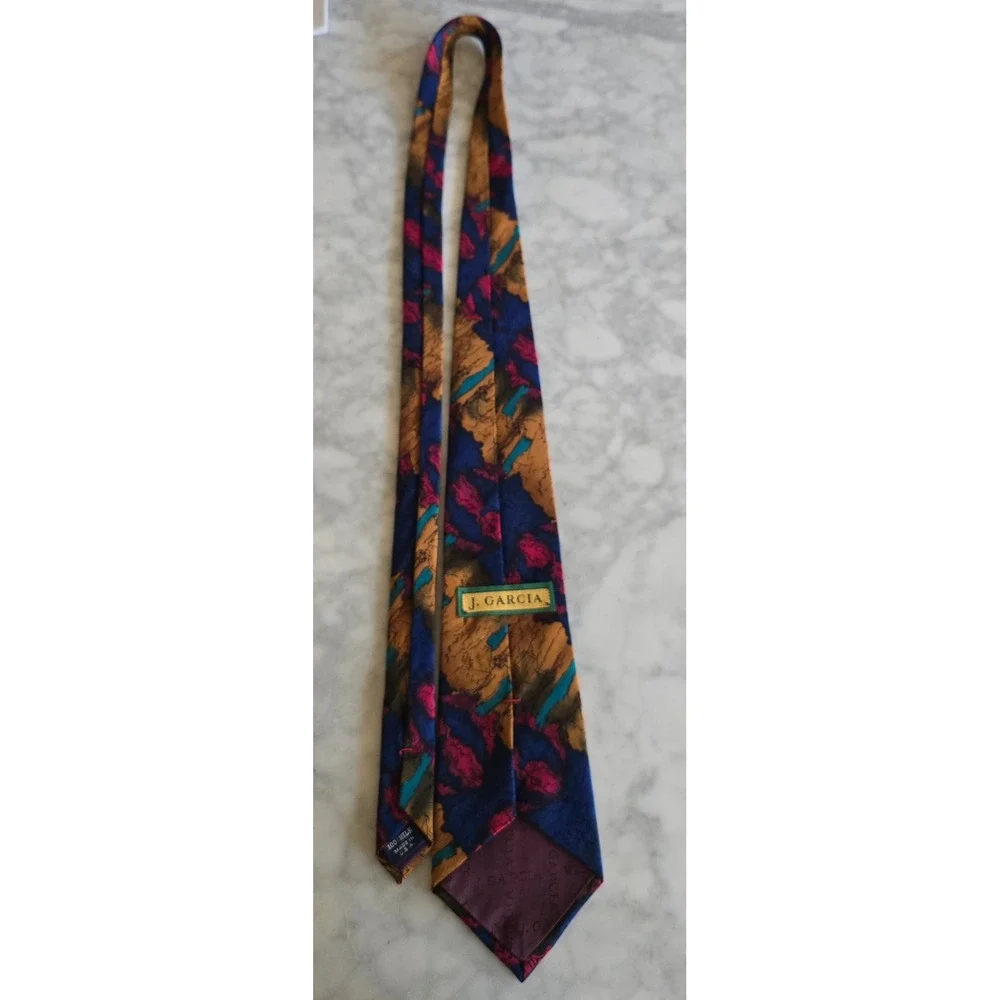 J. Garcia Mens Abstract Art Silk Tie Blue Magenta Gold Made in USA Jerry Garcia